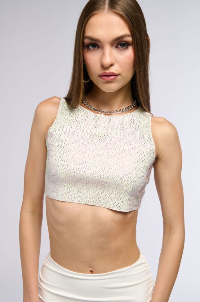Front View Out Of This World Rhinestone Cut Off Cropped Tank In White
