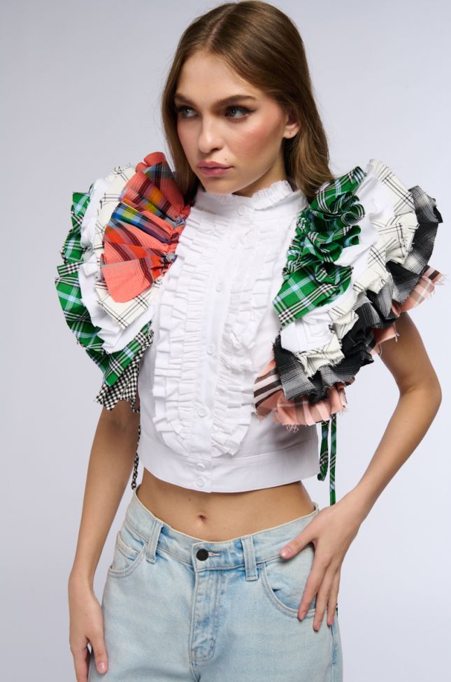 Front View Over And Over Plaid Ruffle Top