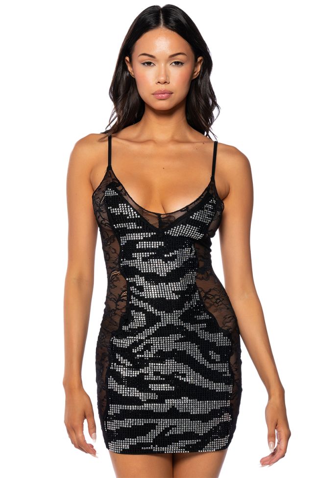 Front View Party All Night Rhinestone Lace Mini Dress