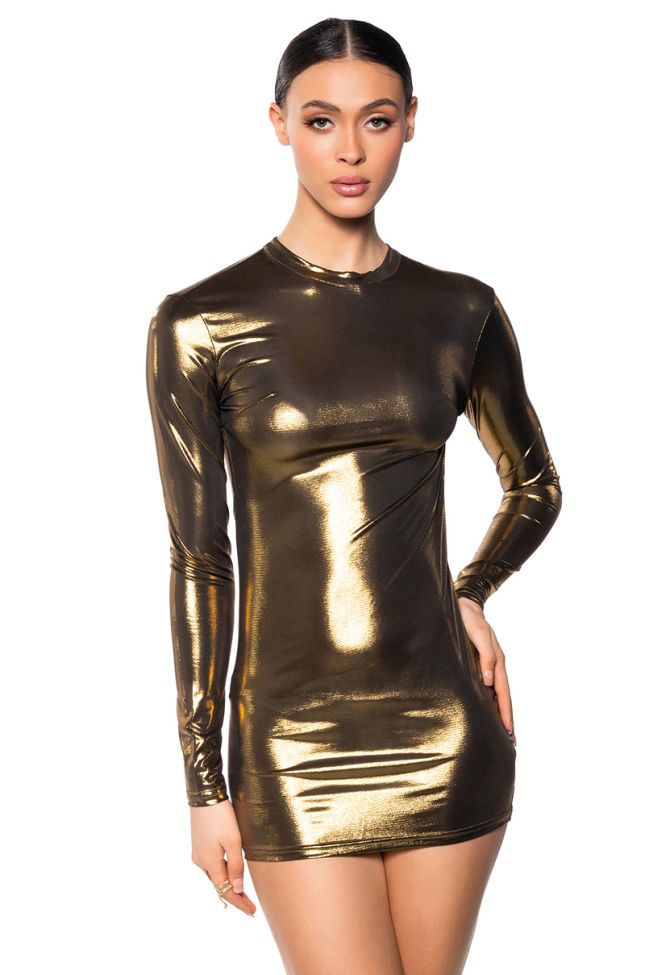 Front View Party In The Back Metallic Mini Dress In Gold