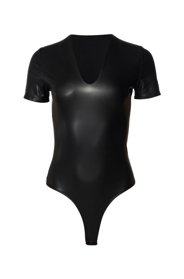 Front View Paxton Faux Leather Short Sleeve Bodysuit