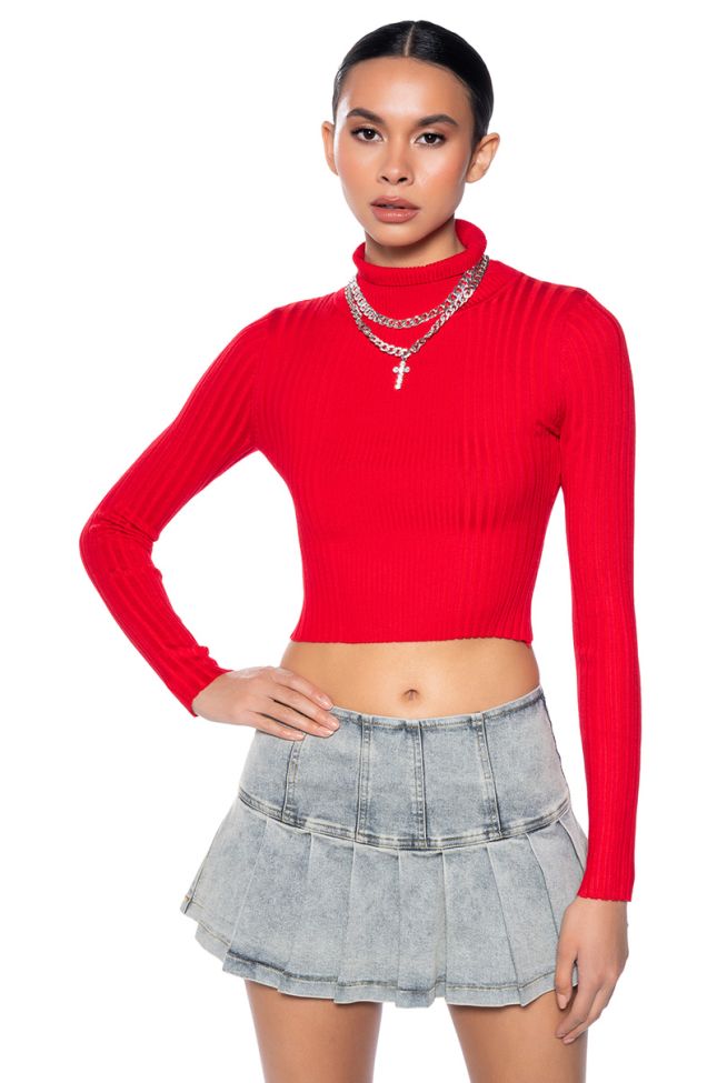 Front View Paxton Long Sleeve Ribbed Crop Sweater In Red
