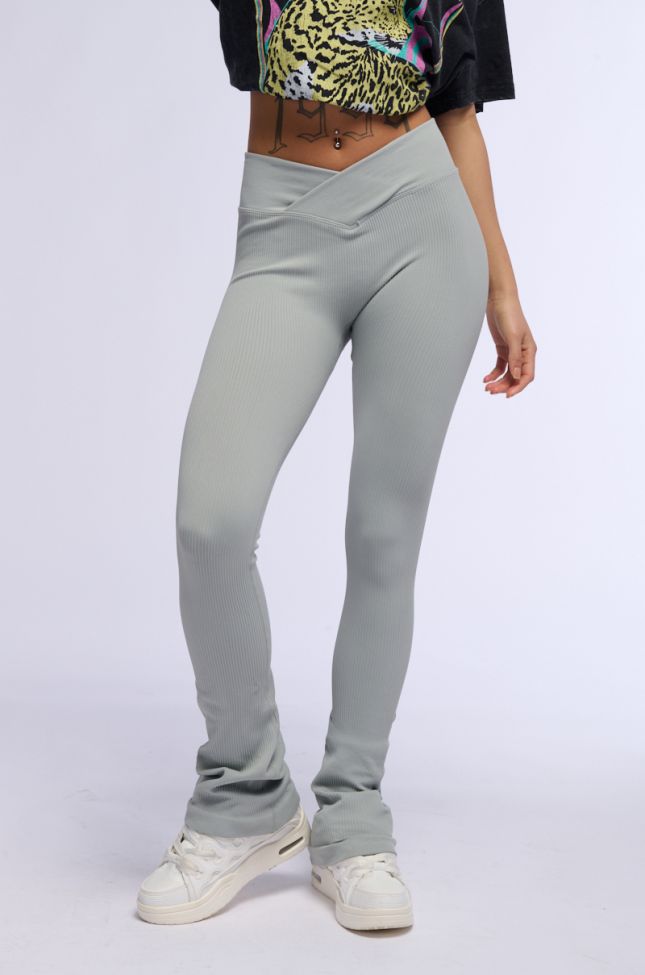 Front View Paxton Ribbed Cross Front Flared Legging In Grey