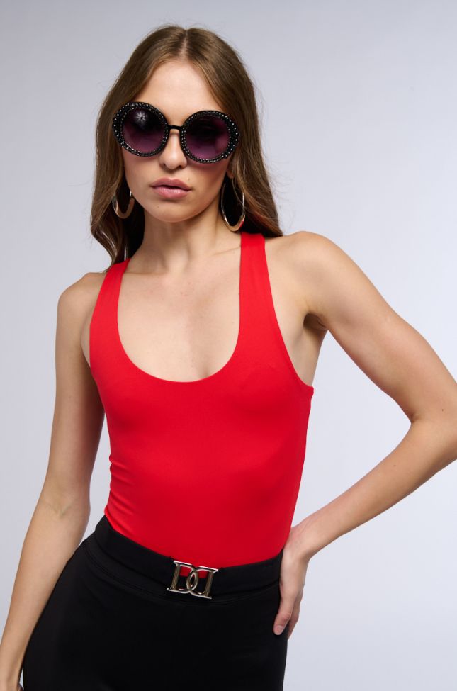 Front View Paxton Scoop Neck Bodysuit In Red
