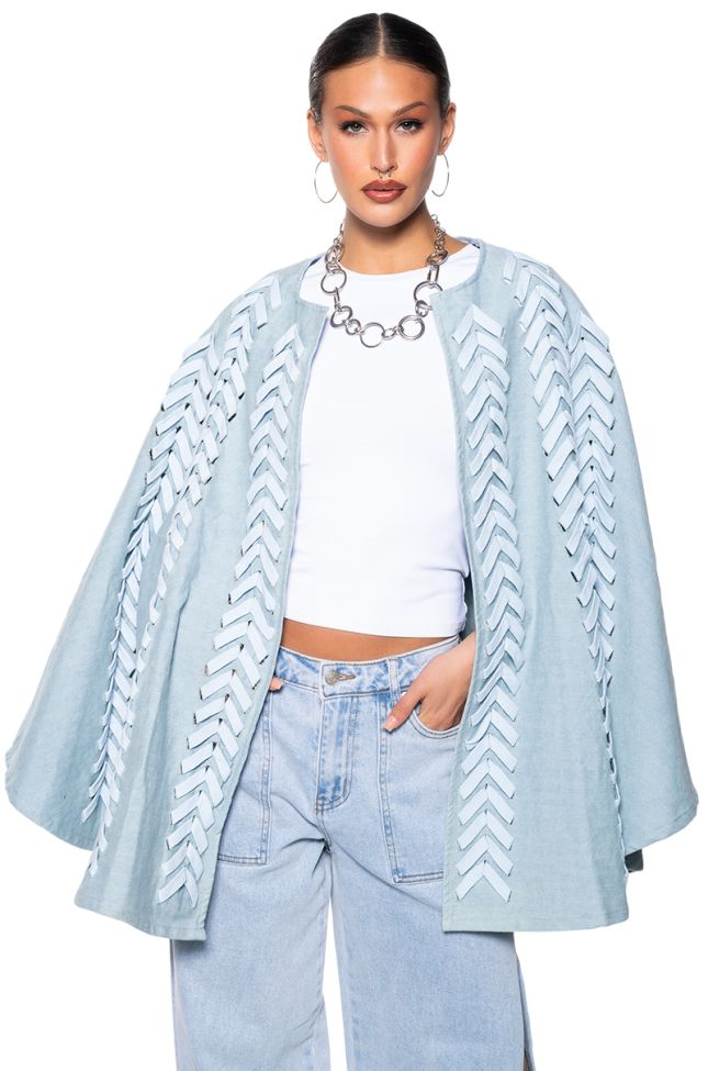 Front View Phantogram Denim Poncho With Laces
