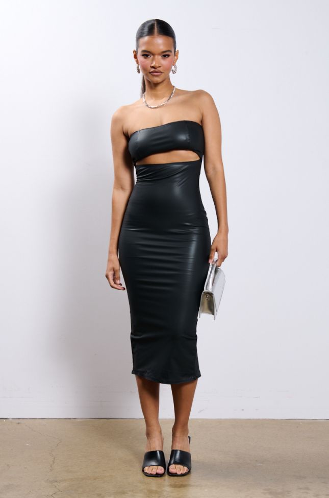 Front View Pretty Lady Pleather Cut Out Midi Dress With 4 Way Stretch