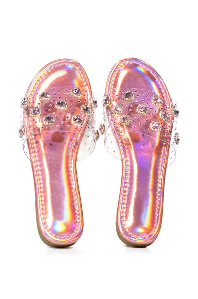 Side View Queen Of Hearts Pink Holographic Embellished Flat Slide