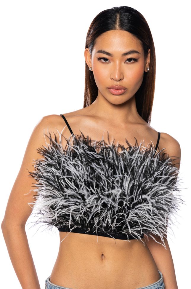 Front View Real Ostrich Feather Crop Mesh Bandeau In Black White