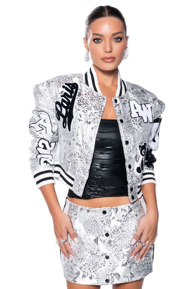 Front View Reela Silver Brocade Bomber Jacket