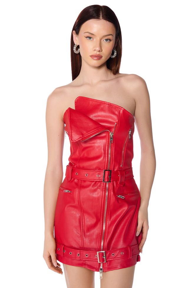 Front View Ridin Dirty Moto Pu Mini Dress In Red