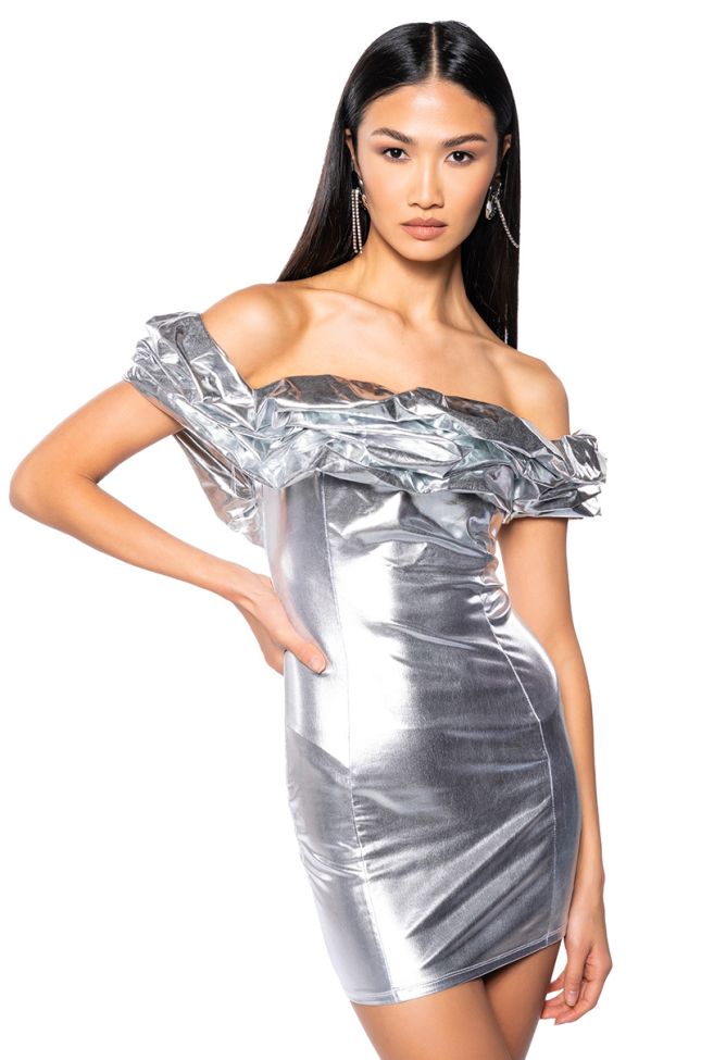 Front View Riley Ruffled Off The Shoulder Metallic Mini Dress
