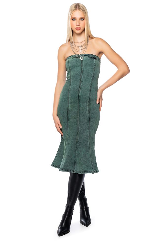 Extra View Seeing Green Strapless Washed Denim Midi Dress