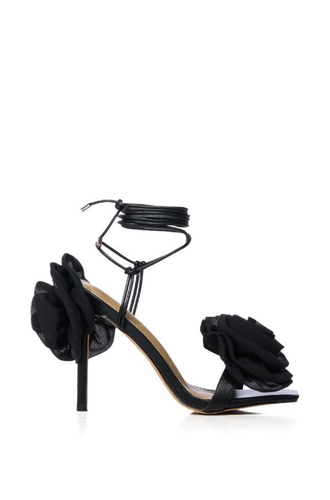 Back View Self Care Flower Lace Up Sandal In Black