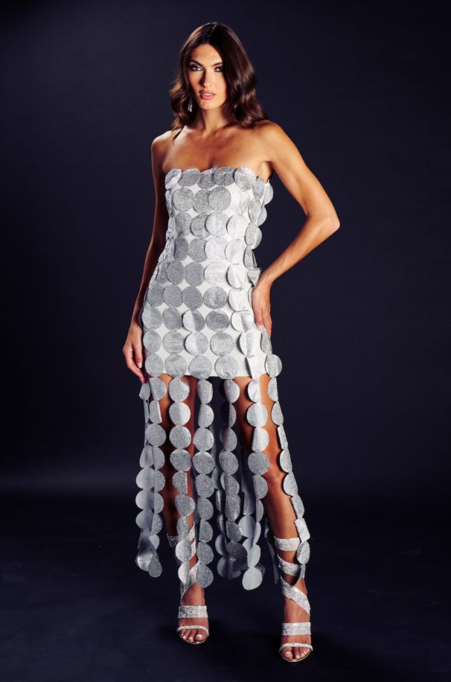 Front View She Is The Moment Strapless Rhinestone Disc Maxi Dress