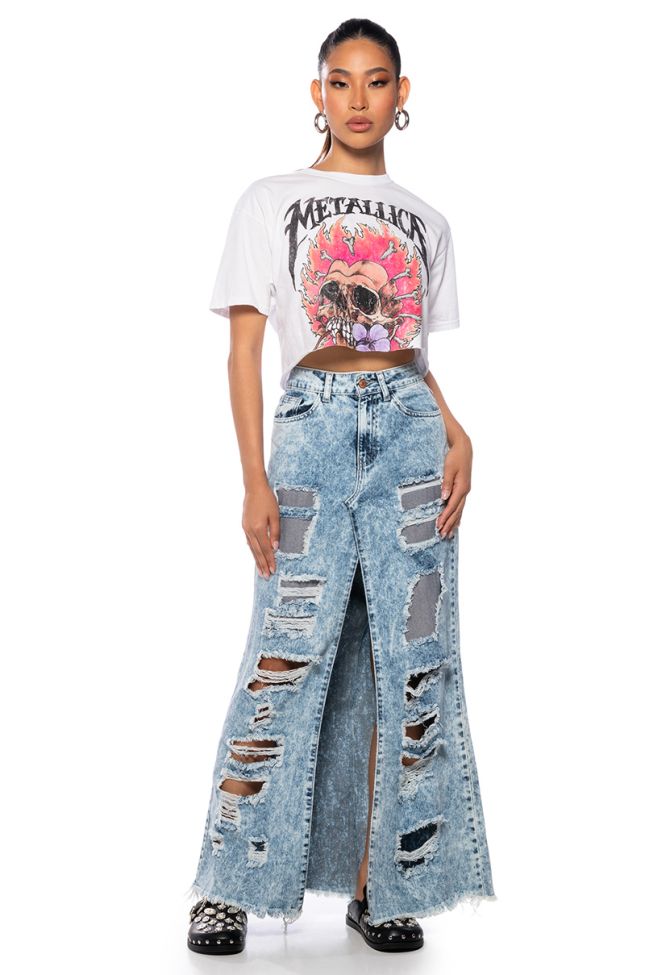 Back View Show It Off Front Slit Distressed Denim Maxi Skirt