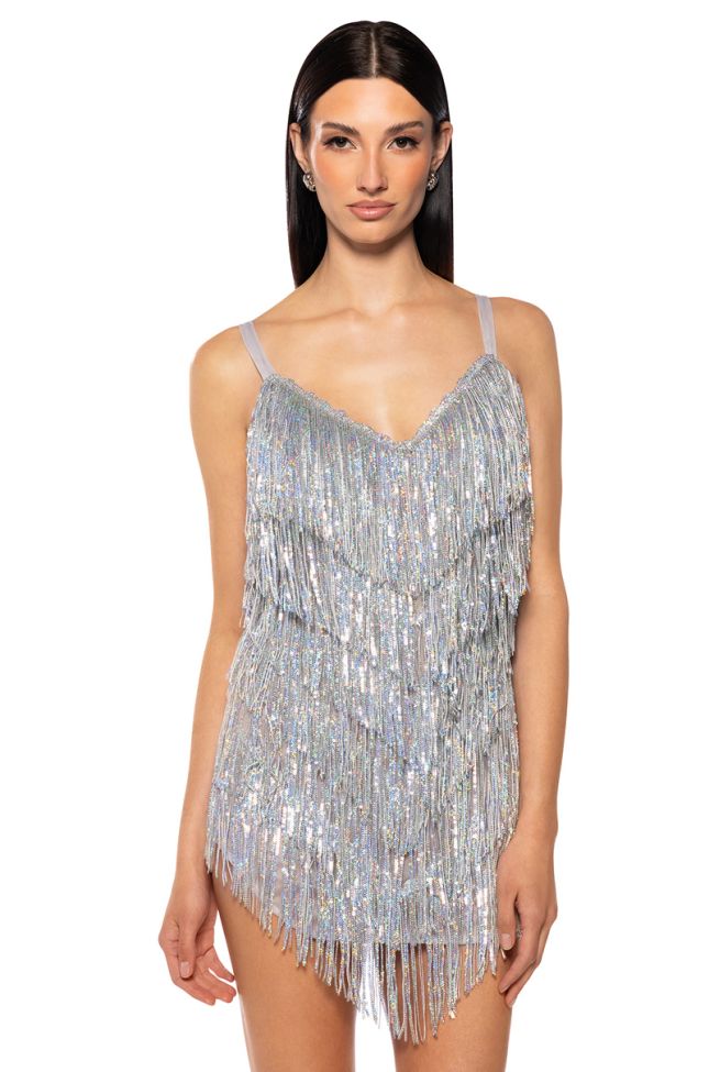Front View Show Up Fringe Mini Dress In Silver