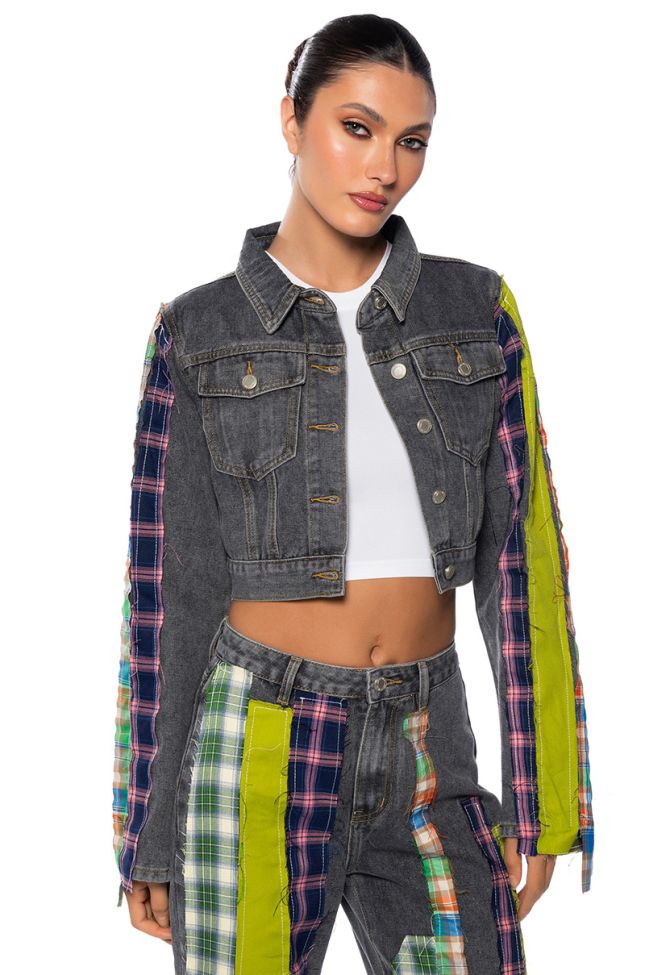 Front View Somethin New Plaid Patchwork Cropped Denim Jacket