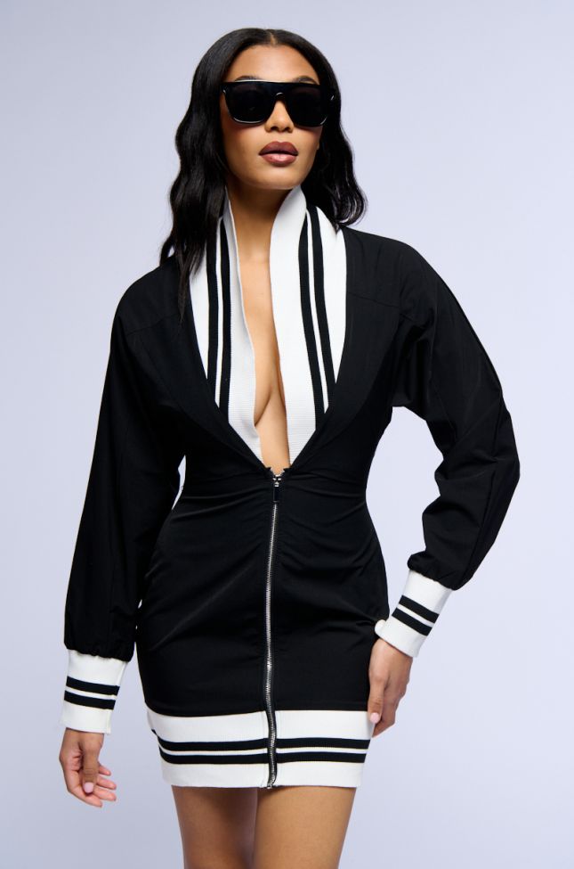 Front View Sporty Chic Zip Up Mini Dress