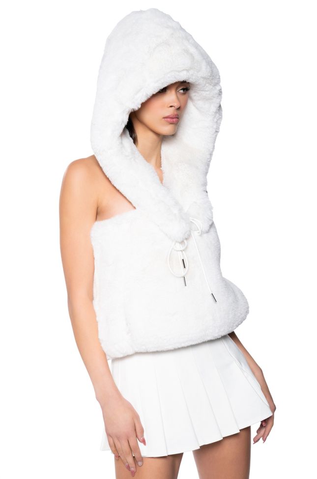 Front View Starstruck Tie Front Faux Fur Top With Hood In Ivory