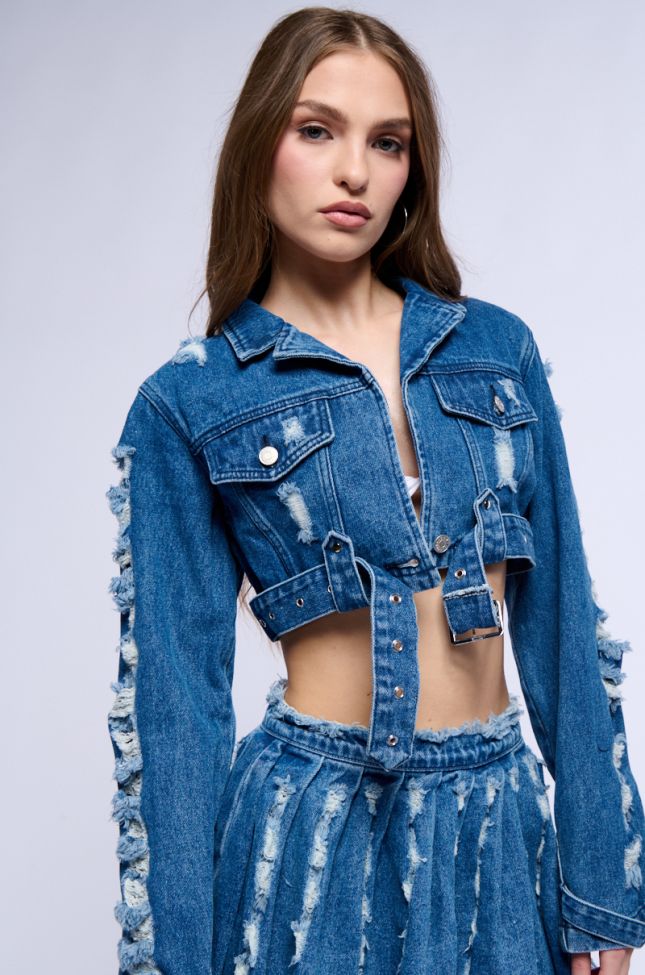 Front View Stressed Out Cut Out Crop Denim Jacket