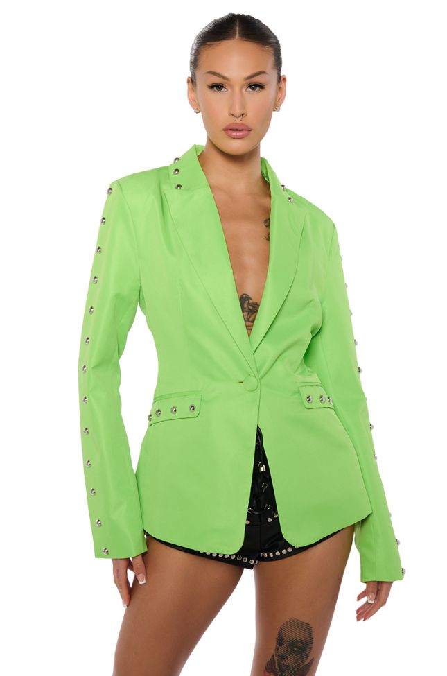 Front View Studded Hem Blazer In Lime