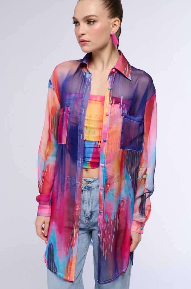 Front View Sunset Dreaming Long Chiffon Button Down Blouse