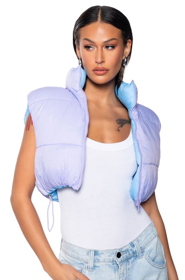 Front View Taylor Said Crop Puffer Vest In Purple
