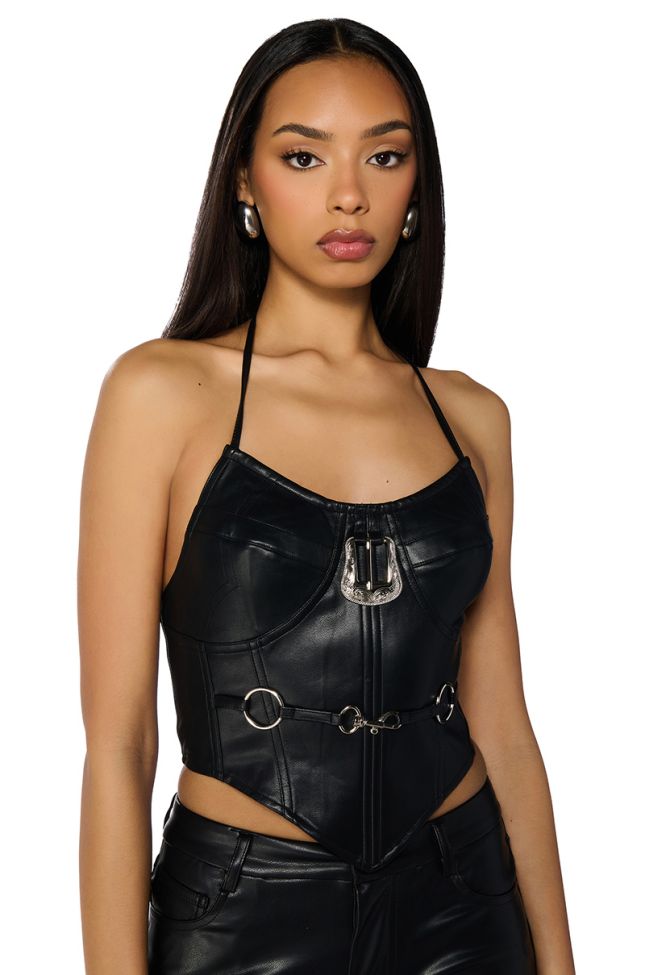 Front View Tiffany Faux Leather Halter Neck Corset Top