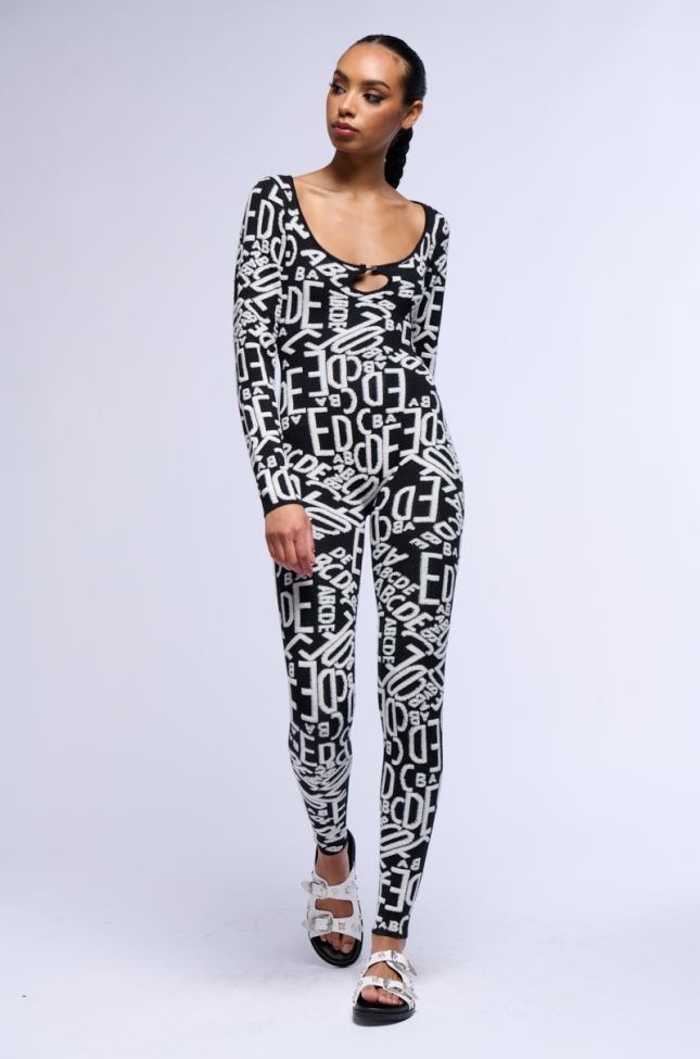 Front View Turning Heads Knit Long Sleeve Jumpsuit In Black
