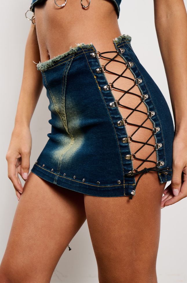 Back View Unbothered Distressed Denim Mini Skirt
