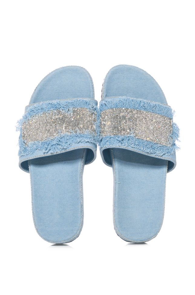 Side View Vise Embellished Slip On Denim Sandal In Light Blue