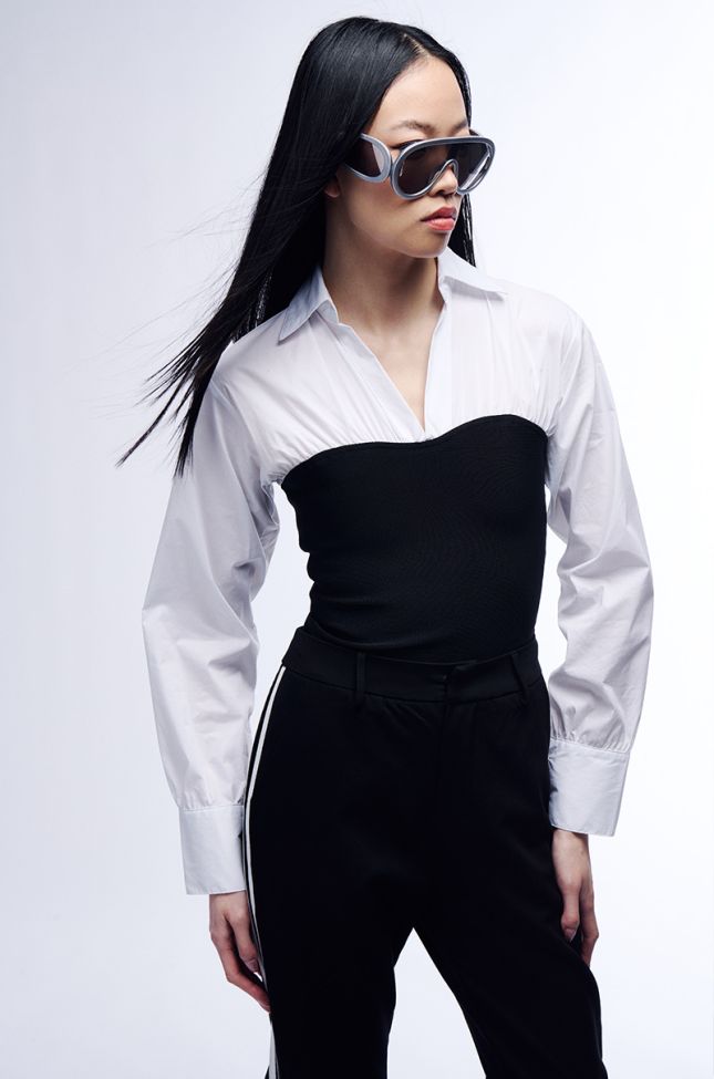 Extra View Wait 4 U Bandage Knit And Poplin Collared Blouse