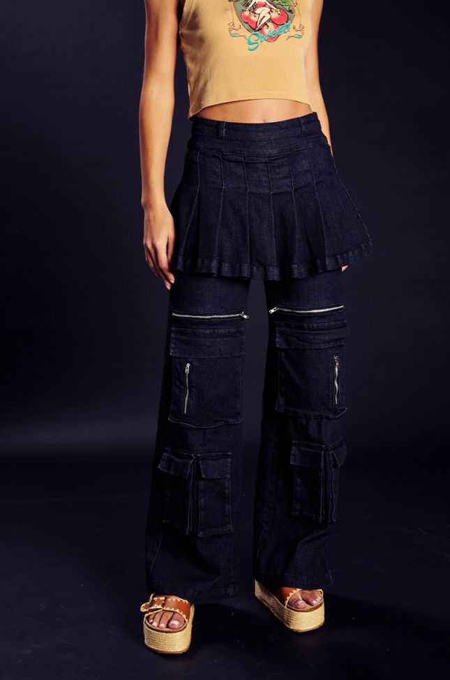 Front View Want U Back Wide Leg Denim Pant With Skirt