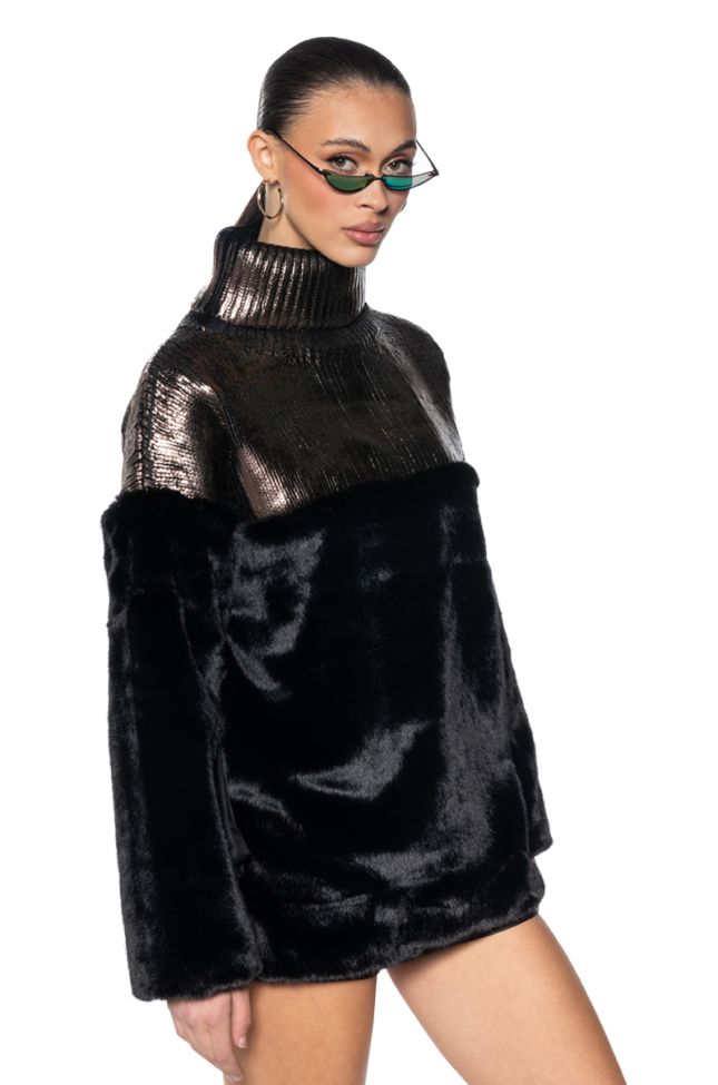 Front View Warm And Chic Faux Fur Metallic Turtleneck Mini Dress