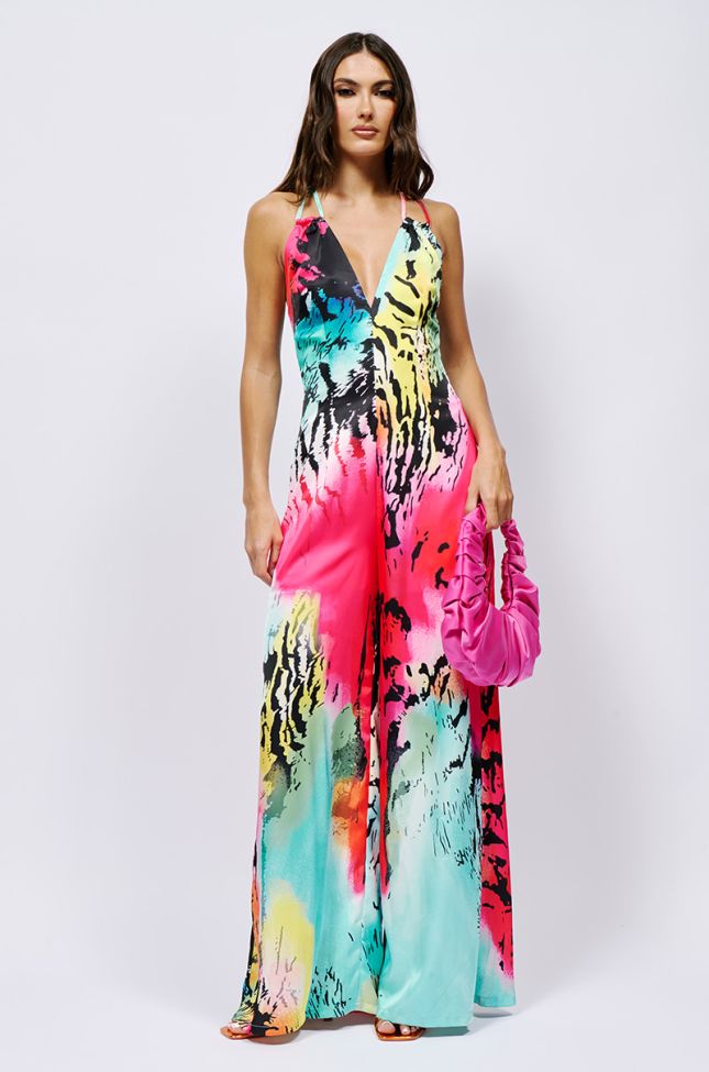 Front View Wild Child Satin Printed Jumpsuit