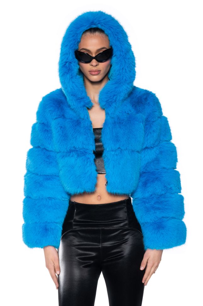 Side View Yeti Faux Fox Fur Coat In Blue