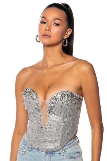 CUE THE LIGHTS SPARKLE CORSET TOP IN SILVER