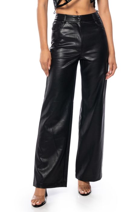 ALICE HIGH RISE FAUX LEATHER WIDE LEG PANTS IN BLACK