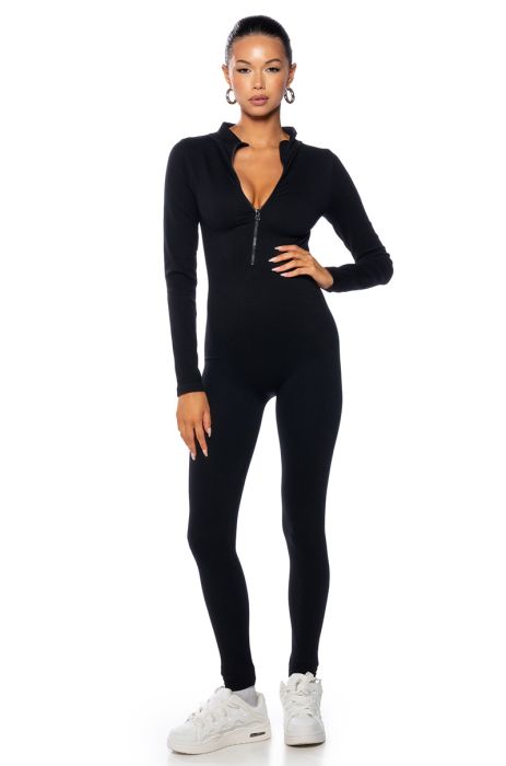 BACK TO THE BASICS ZIP FRONT LONG SLEEVE CATSUIT in black