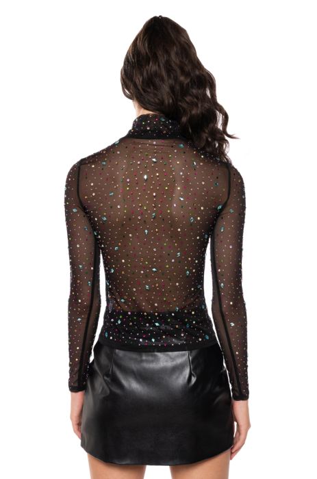 GLITZ AND GLAM LONG SLEEVE EMBELLISHED MESH TOP in 