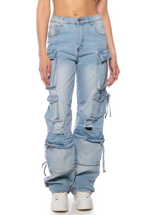 KEEP IT ON THE LOW RELAXED FIT CARGO JEANS IN LIGHT BLUE DENIM