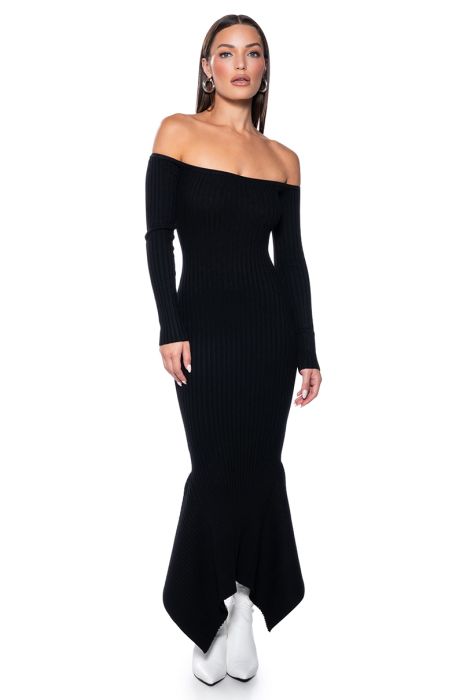 PIXIE LONG SLEEVE OFF THE SHOULDER KNIT MIDI DRESS IN BLACK