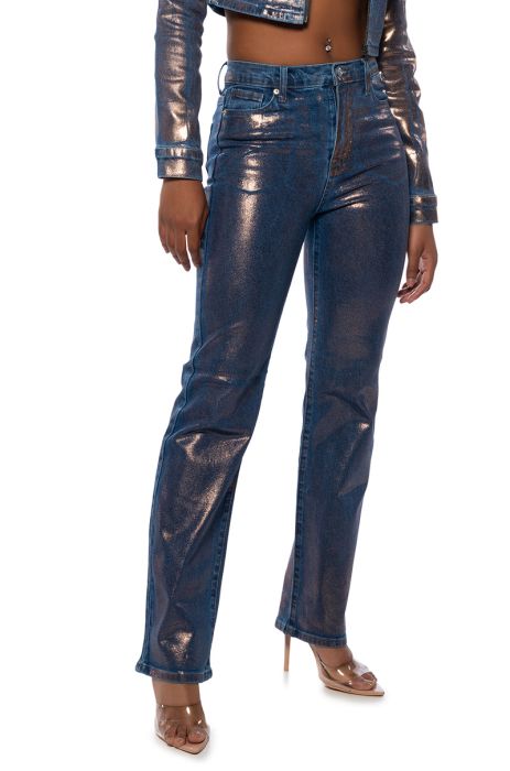 SHOW TIME METALLIC STRAIGHT LEG JEANS in gold