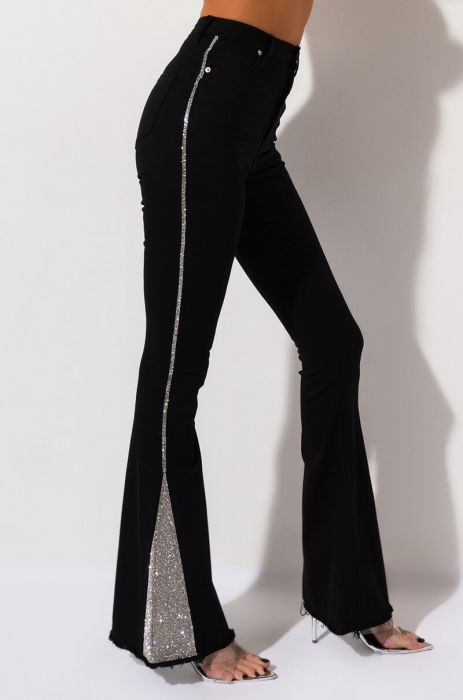 WILD THOUGHTS HIGH WAISTED RHINESTONE FLARE JEANS