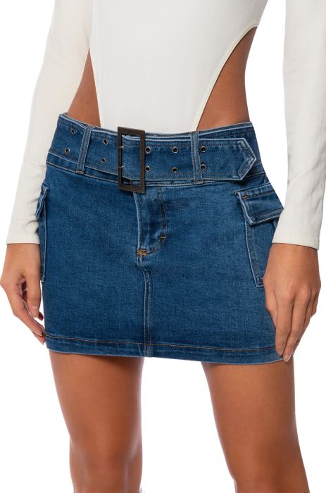 WISH YOU COULD BELTED MICRO MINI DENIM SKIRT IN DENIM