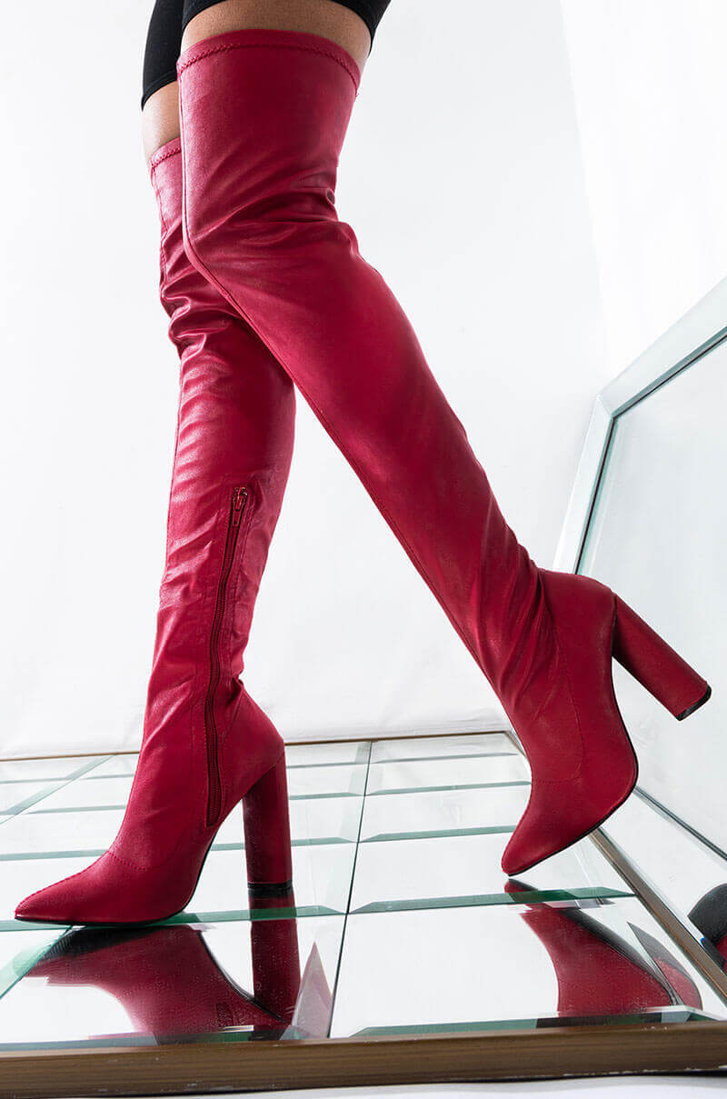red thigh high boots chunky heel
