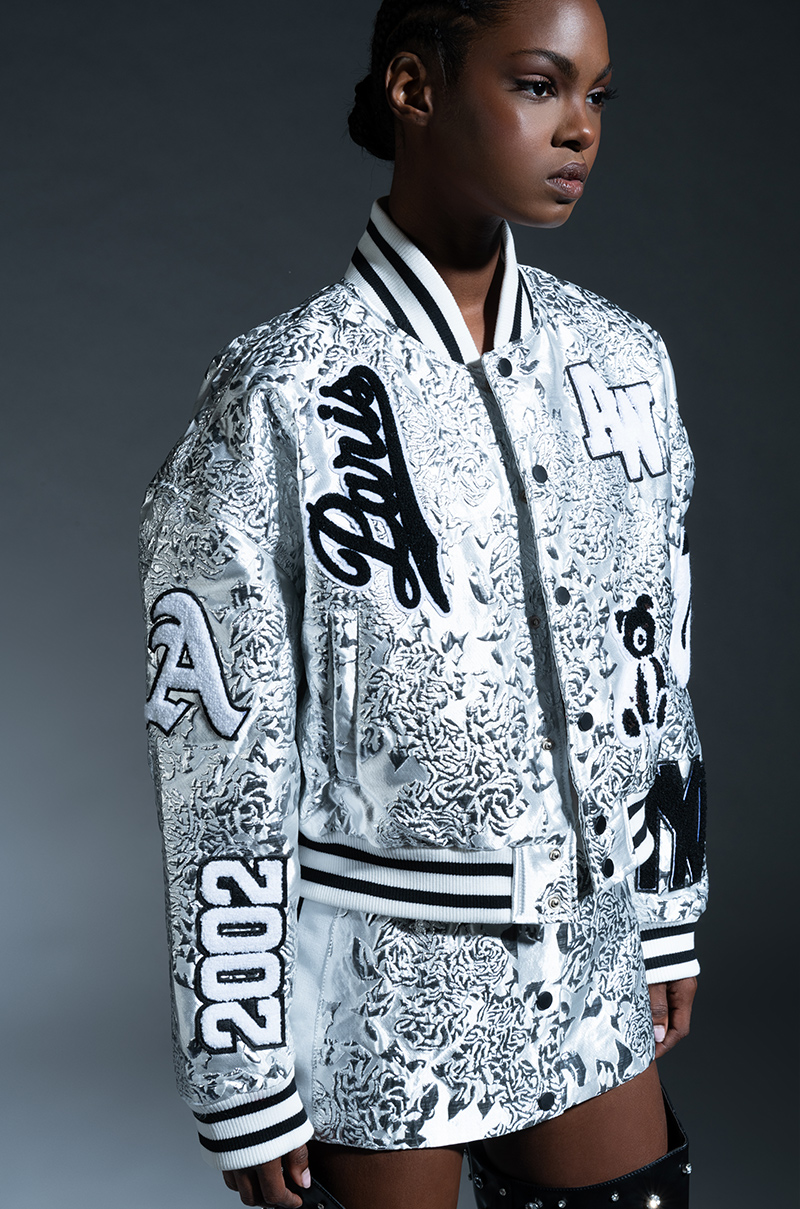 REELA SILVER BROCADE BOMBER JACKET in silver