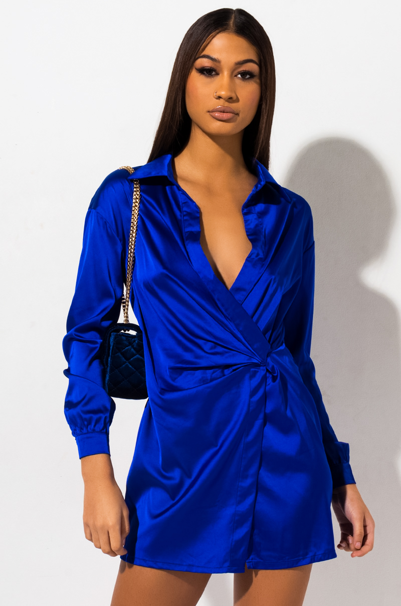 blue satin shirt dress