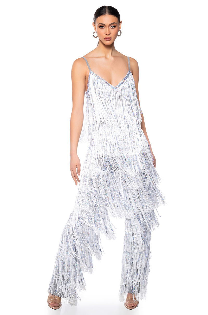 Akira Flapper Fringe Romper | Silver | Size Large