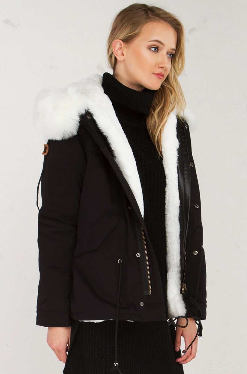 Furry Coat in Black White White and Olive Taupe Black